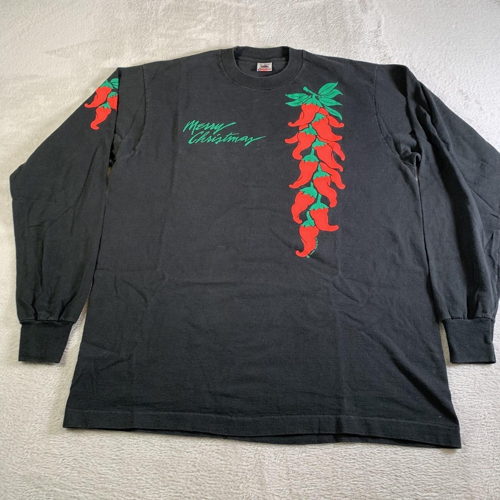 Vintage Fruit Of The Loom Christmas Shirt Mens XL Black Hot Chili Pepper 90s USA
